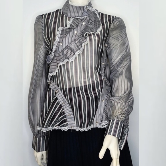 NEW Victorian Chic Button front Striped Ruffle Blouse sz L - Picture 3 of 17
